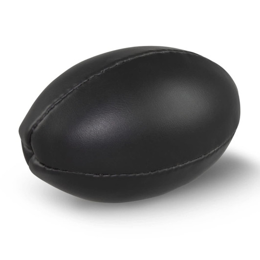 A black mini rugby ball featuring a smooth leather texture and stitched detailing.