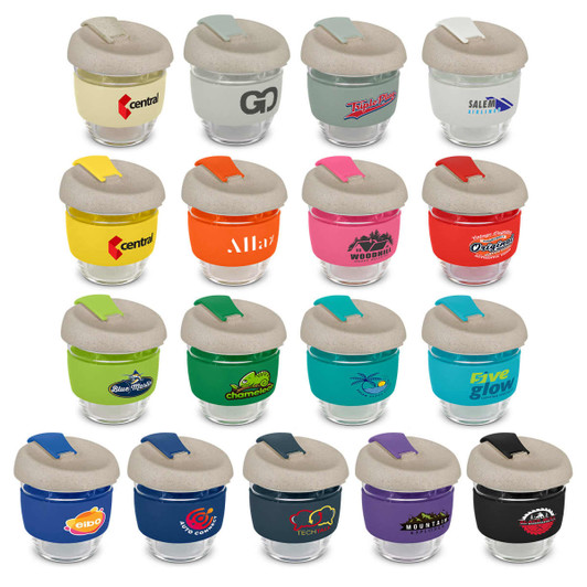 A drink bottle collection featuring various coloured silicone sleeves and clear glass bodies, each with a lid.