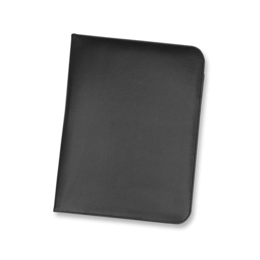 A black portfolio featuring a smooth surface and rounded edges. It has a logo on the front.