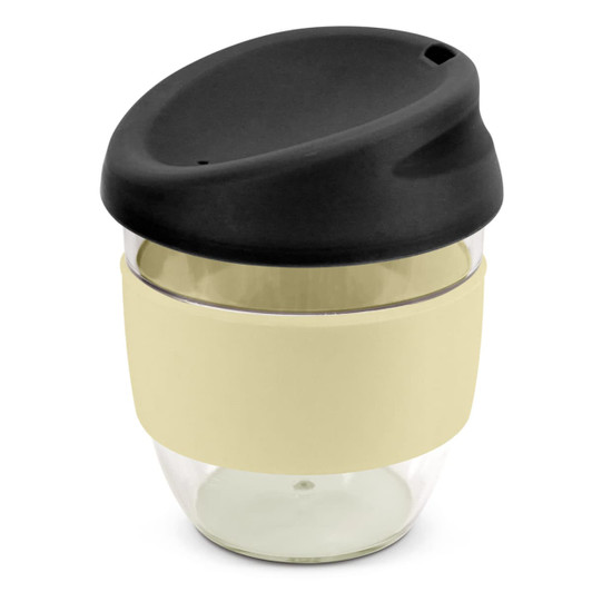 A drink bottle featuring a clear design with a beige silicone sleeve and a black lid. It has a logo.