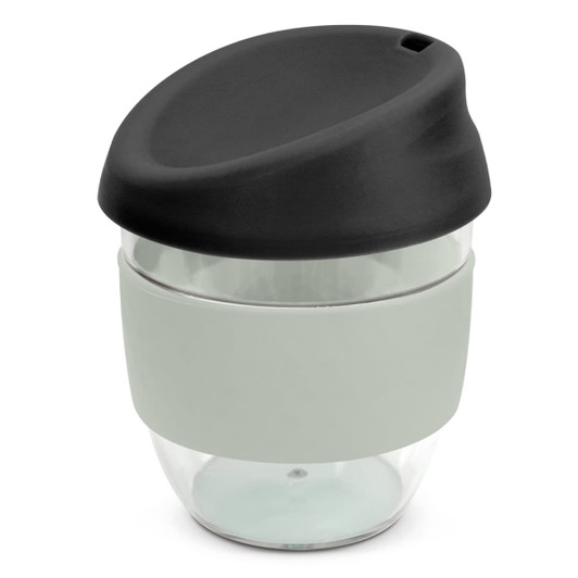 A drink bottle featuring a clear body with a grey silicone band and a black lid. It has a logo.