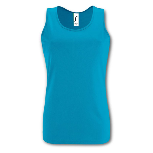 A turquoise women's tank top featuring a simple design and a logo on the label.