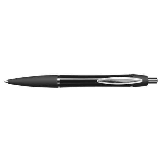 A sleek metal pen featuring a black finish and silver accents.