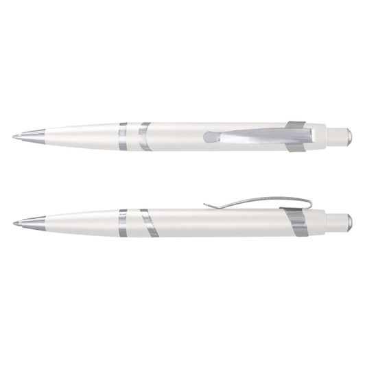 A white plastic pen with silver accents, featuring a clip and a smooth writing tip, plus an additional view of the same pen.