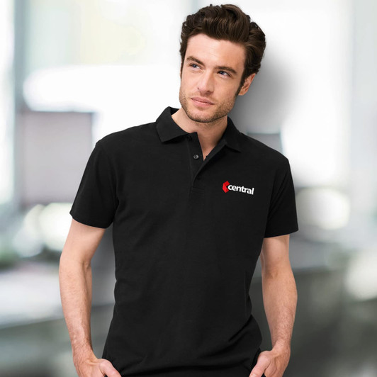 A black polo shirt for men featuring a logo on the left side.
