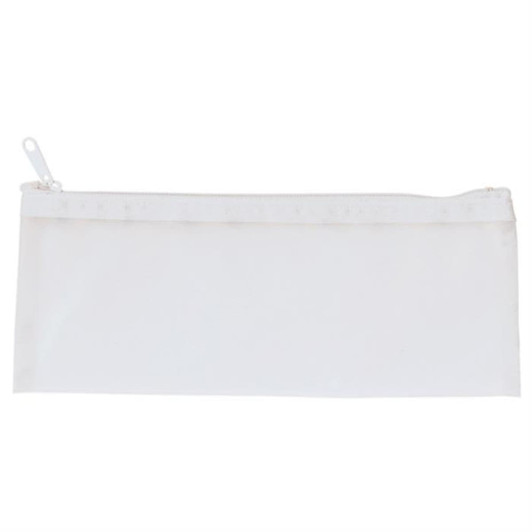 A white pencil case with a zip closure, featuring a simple design and a transparent material.