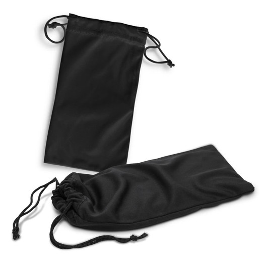 A set of two black microfibre pouches with drawstring closures, featuring a smooth and soft texture.