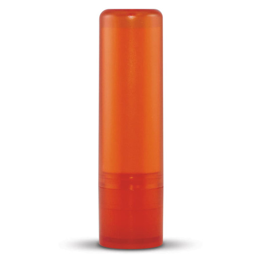 An orange lip balm tube with a transparent design and a twist-up applicator. It features a logo.