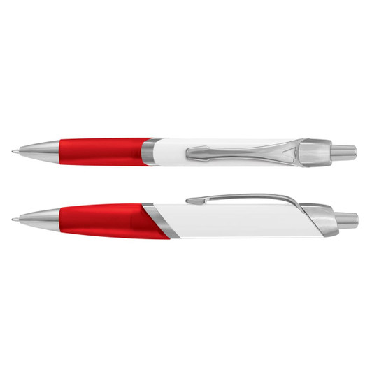 A plastic pen in red and white, featuring a silver clip and trim, includes branding on the body.