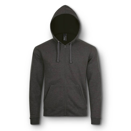A grey unisex hooded sweatshirt with a zipper and two front pockets, featuring a logo on the chest.