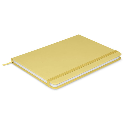 A yellow notebook with a sleek design, featuring a band and blank pages, and includes a logo on the cover.