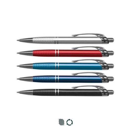 A set of four metal pens in silver, red, blue, and black, featuring textured grips and a logo.