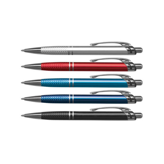 A set of five metal pens in silver, red, blue, and black, featuring a textured design and a logo.