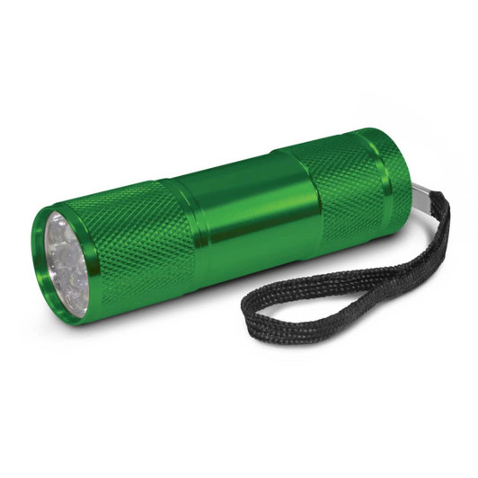 A green LED torch with a textured surface and a wrist strap, designed for portability.
