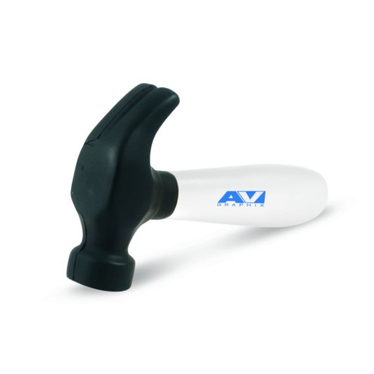 A Stress Hammer featuring a black rubber head and a white body with a blue logo.