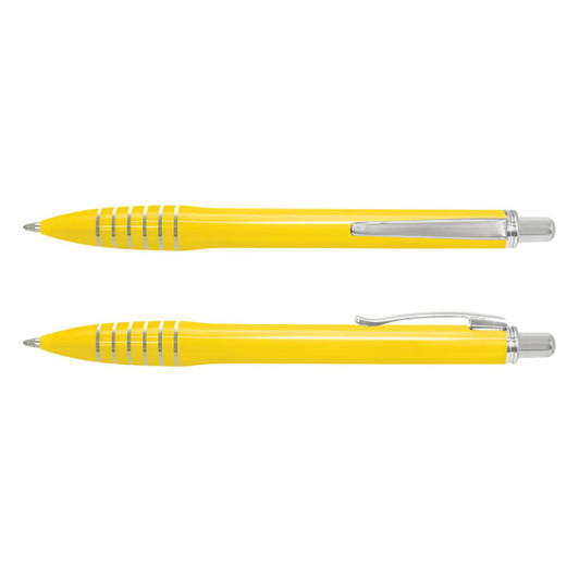 A yellow plastic pen featuring a silver clip and accents, presented from two angles.