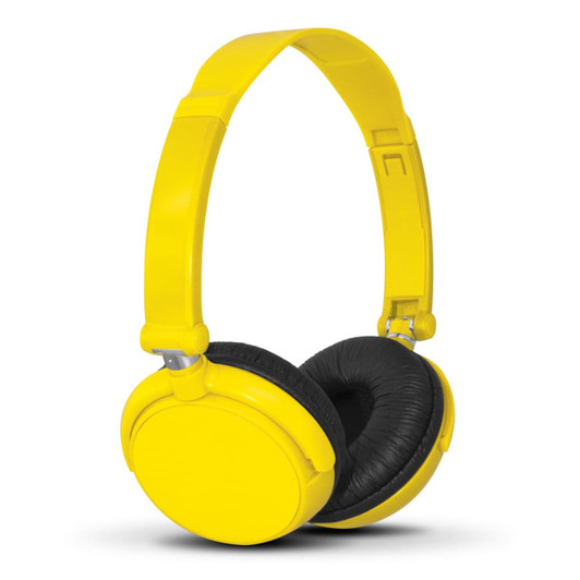 Yellow headphones with a black cushioned ear section and an adjustable headband, featuring a logo on the side.