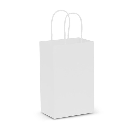 A small white paper carry bag featuring sturdy handles, ideal for gifting or shopping.