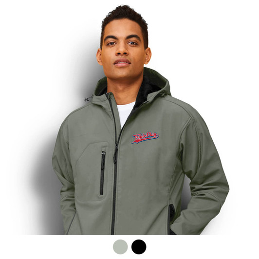 A men's softshell jacket in olive green with a hood and a logo on the chest. Features zippered pockets.