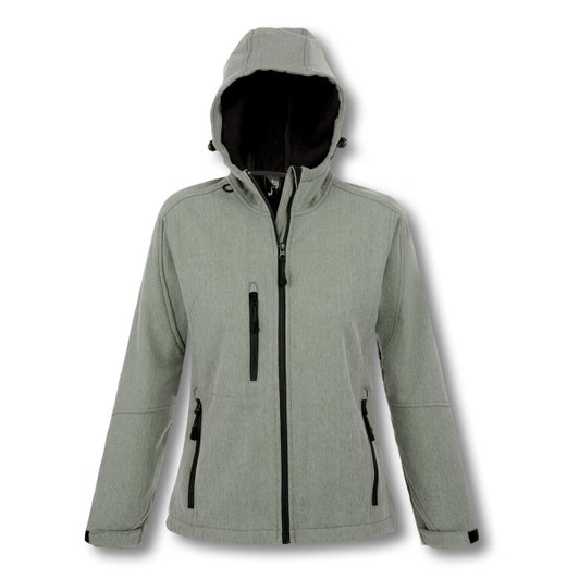 A women's softshell jacket in a light grey colour with a hood and multiple zippered pockets.