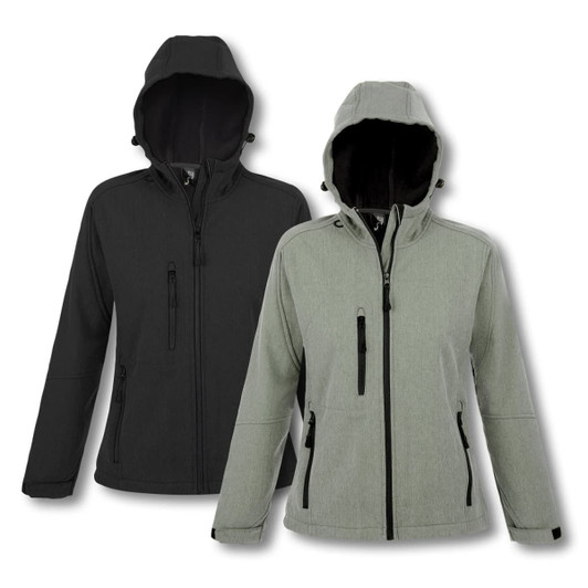 A women's softshell jacket available in black and light green, featuring a hood and multiple zippered pockets.