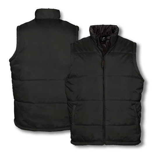 A dark green unisex vest with a padded design, featuring a high collar and zip front. Includes branding.
