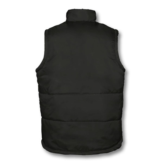 A black unisex vest with a padded design, featuring a high collar and no sleeves. It has a branded logo.
