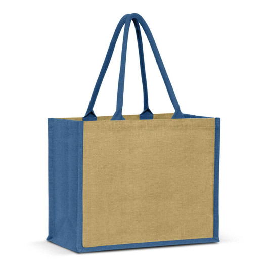 A jute tote bag featuring a natural beige body and blue handles, with a simple design and a logo on the front.
