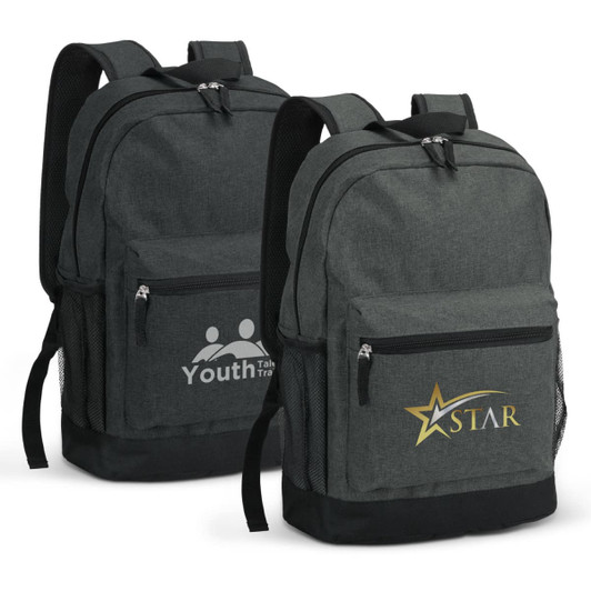 A grey backpack with multiple pockets and mesh sides, featuring two logos on the front.
