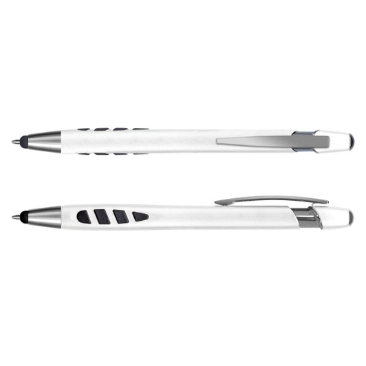 A white plastic stylus pen with silver accents and a textured grip, featuring a logo.