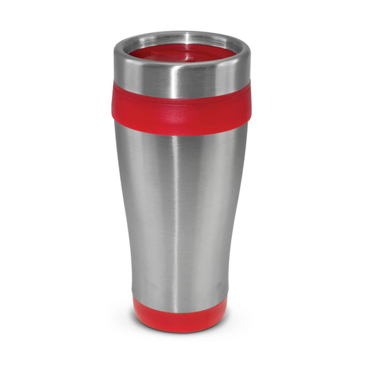 A drink bottle with a stainless steel body and a red rubber grip and lid. It has a circular design and a logo.