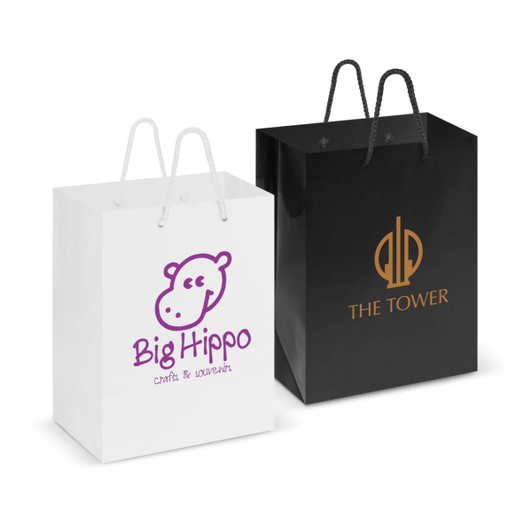 A medium laminated carry bag in white with purple logo and a black bag with gold logo, featuring sturdy handles.