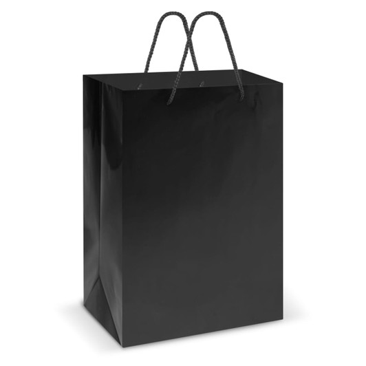 A large laminated black carry bag with black rope handles, featuring a glossy finish and an included logo.