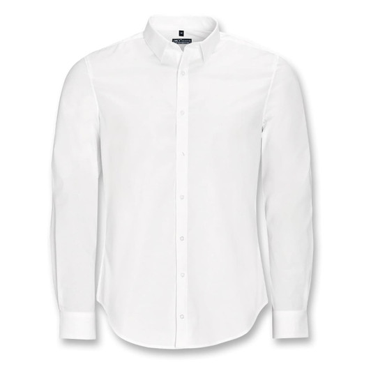 A white long sleeve button-up shirt with a collar and one logo on the chest.