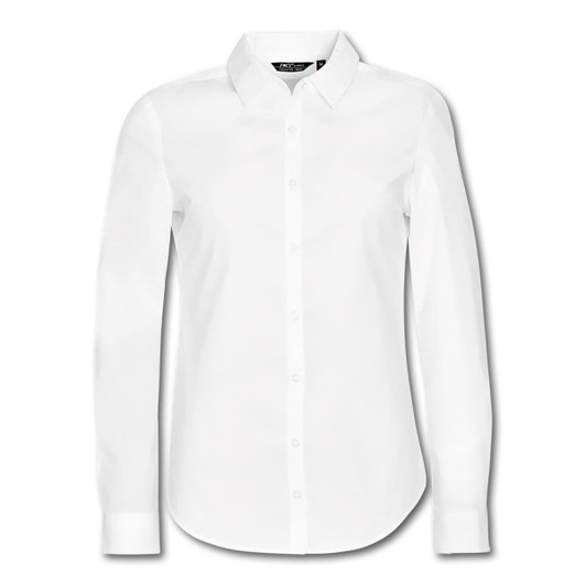 A white long sleeve button-up shirt with a collar and a branded logo.