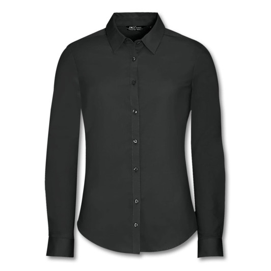 A black long sleeve button-up shirt for women with a classic collar and front buttons, featuring a logo.
