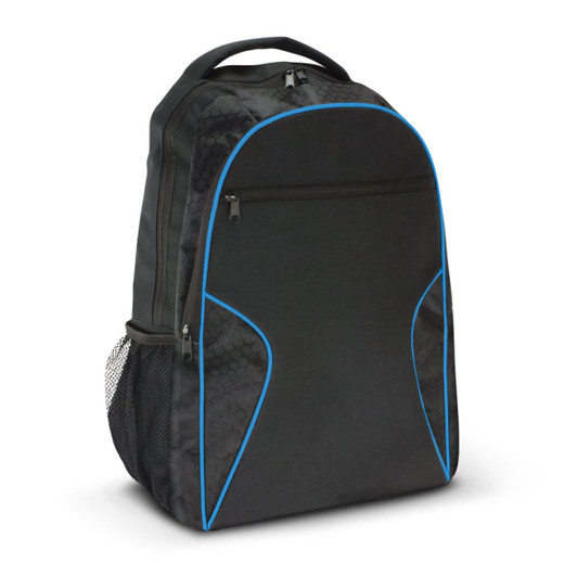 A black laptop backpack with blue accents and a mesh side pocket, featuring a front zippered compartment and a logo.