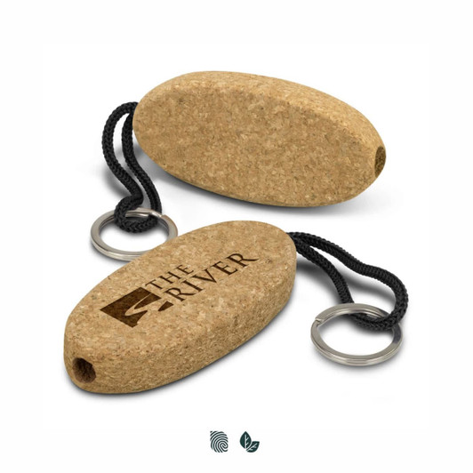 A cork floating key ring in a natural beige colour, featuring a keychain loop and a logo.