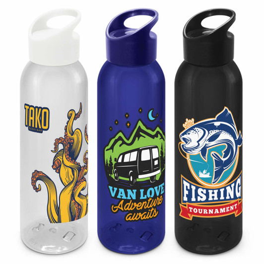 A drink bottle trio featuring a clear bottle with octopus design, a blue bottle with campervan artwork, and a black bottle with fish graphics.