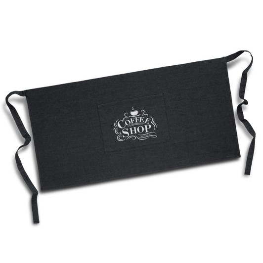 A black denim waist apron featuring a central logo design and ties on either side.
