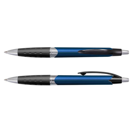 Two blue plastic pens with black grips and silver accents, featuring a logo on the barrel.