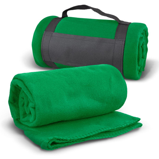 A green fleece blanket with a black strap, rolled and unrolled, displaying its soft texture.