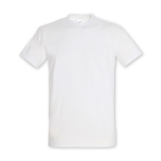 A plain white adult t-shirt with short sleeves, featuring a logo on the neckline.