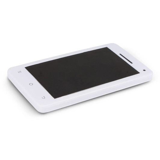 A stress relief toy designed as a smartphone, featuring a sleek white design and a black screen.