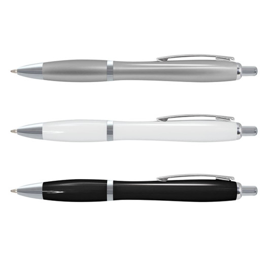 Three Vistro Pens in silver, white, and black colors, featuring a sleek plastic design and a chrome accent.