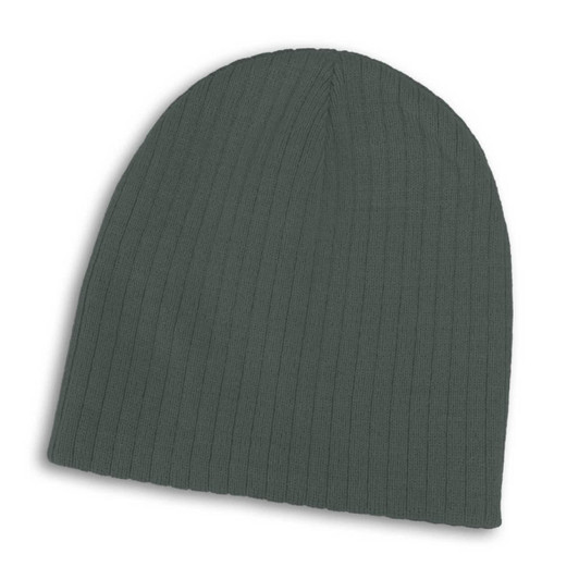 A grey cable knit beanie with a ribbed texture, featuring a logo or branding on the side.