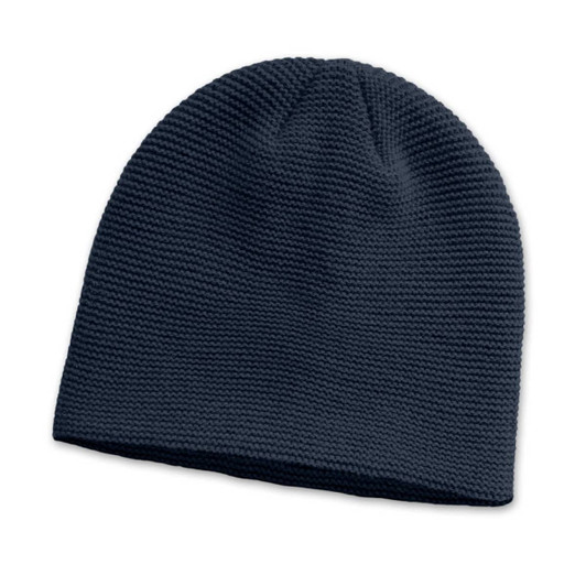 A dark navy knit beanie with a textured pattern, featuring a logo on the side.