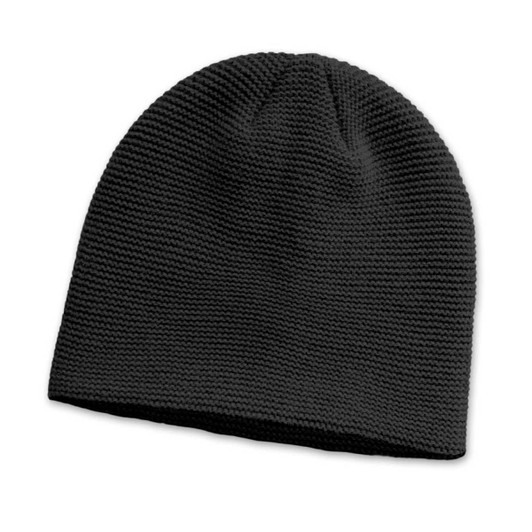 A black knit beanie with a garter stitch pattern and a folded cuff. The beanie has a branding logo.
