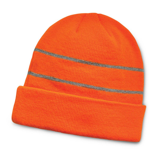An orange beanie featuring reflective stripes and a folded cuff, designed for high visibility.