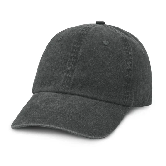 A faded cap in dark grey with a classic six-panel design and a curved brim.